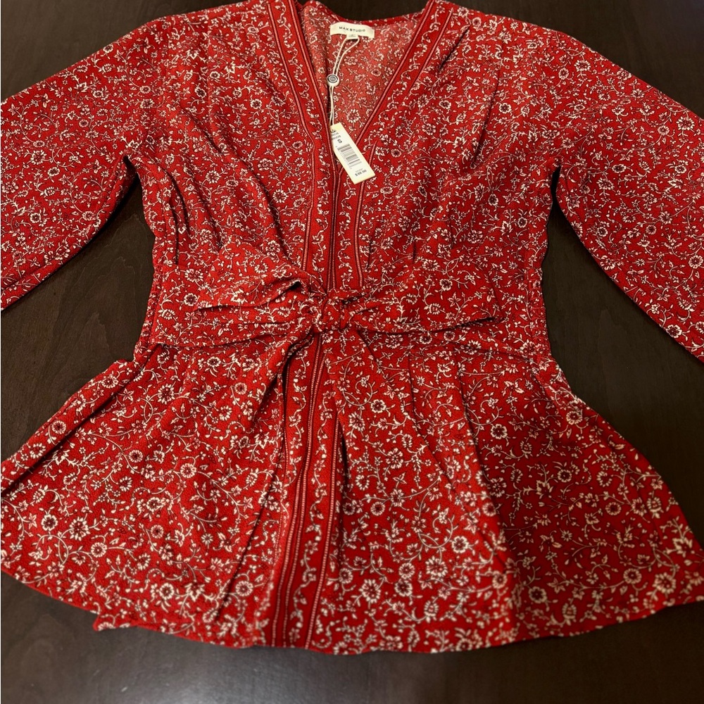 Max Studio NEW SMALL Red Tie Front Peplum Blouse 3/4 Sleeve
